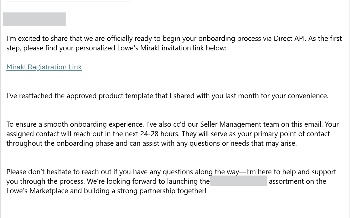 Welcome Email example coming from Business Development